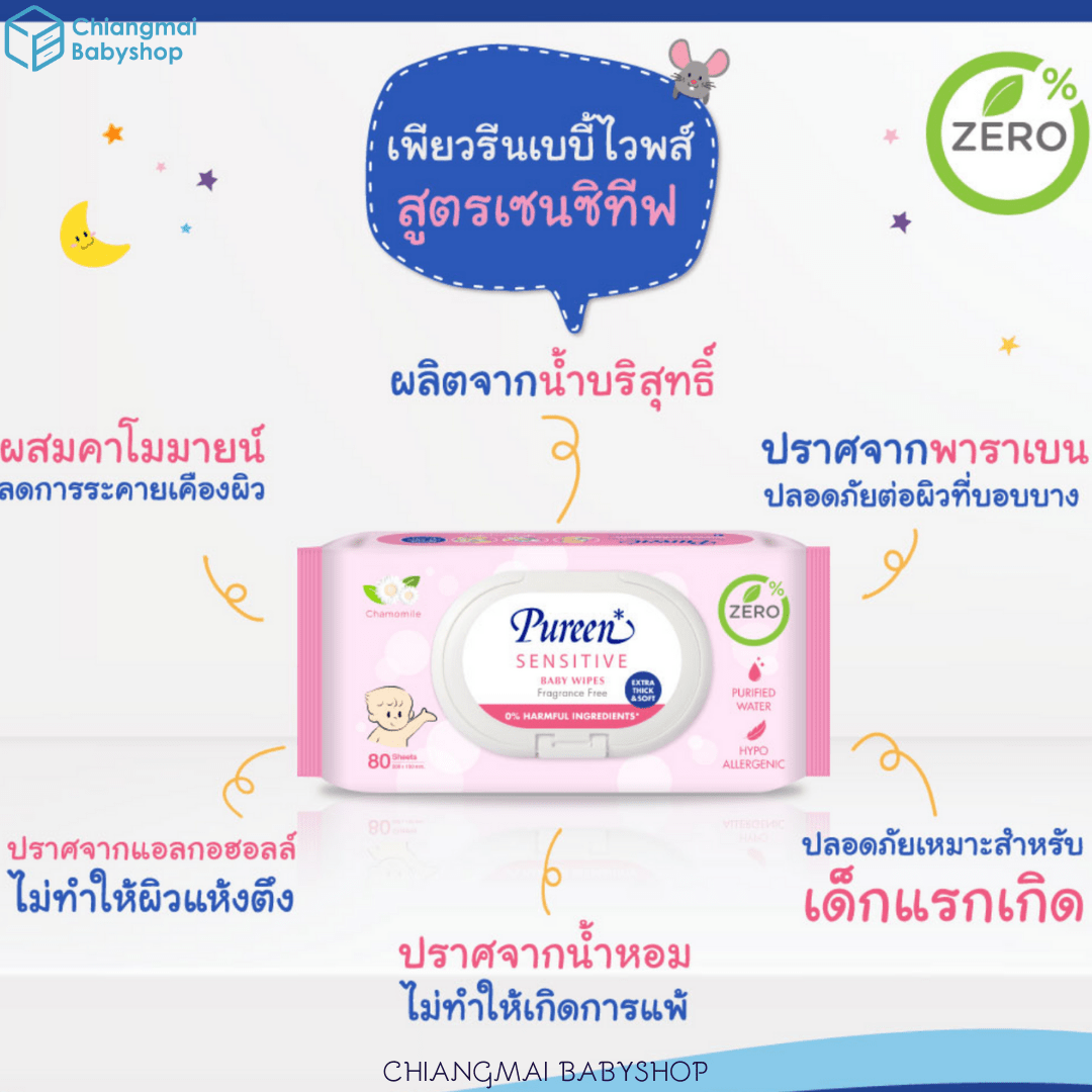Pureen Baby Wipes สูตรเซนซิทีฟ 80 แผ่น [1 แถม 1]